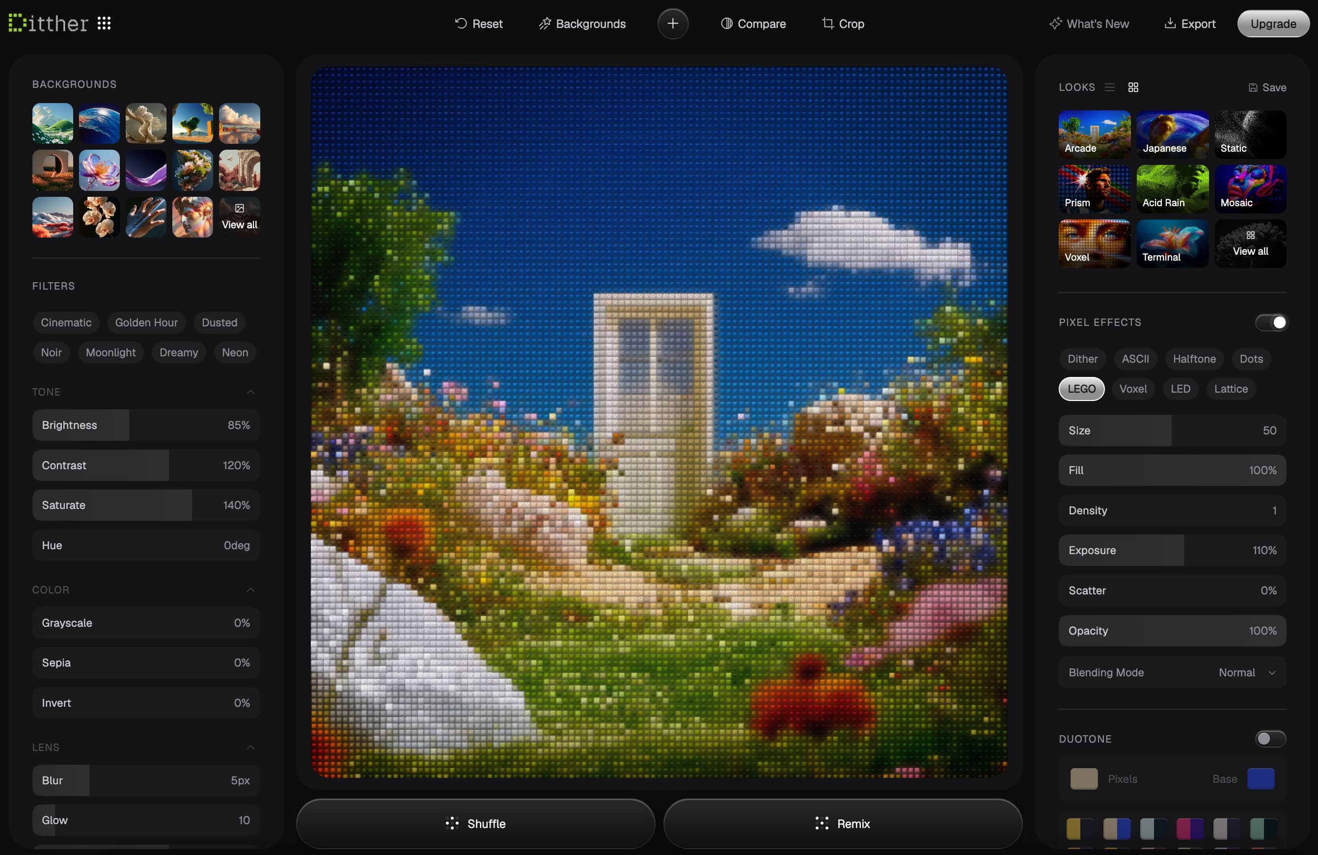 Ditther Looks preset applied to flower — golden halftone with cinematic filter